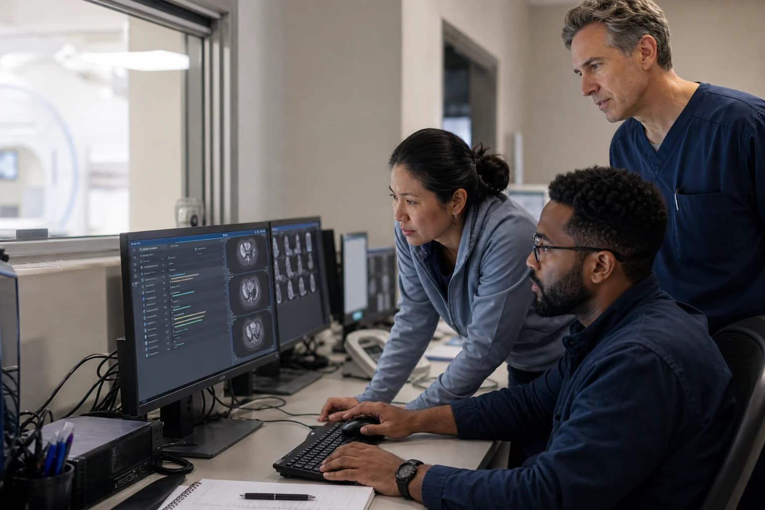 Imaging informatics team collaborating at a workstation during a PACS migration