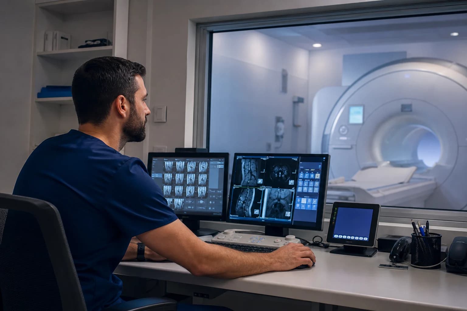 Radiologic technologist operating an MRI acquisition console beside the scanner room