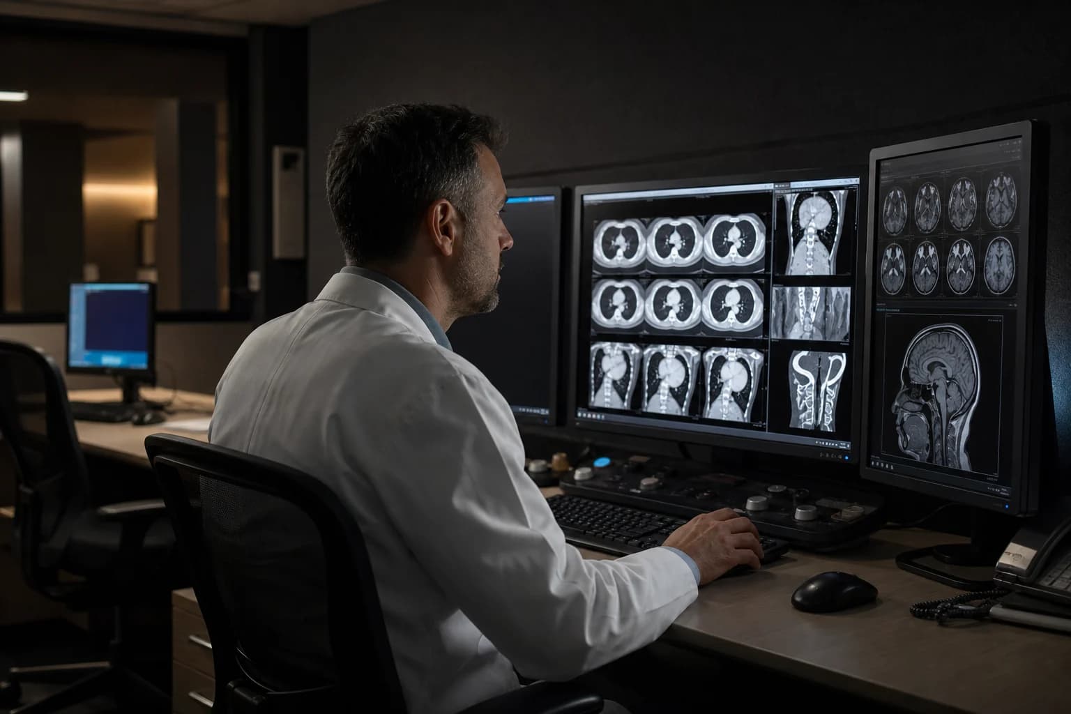Radiologist reviewing de-identified CT and MRI studies at a diagnostic workstation